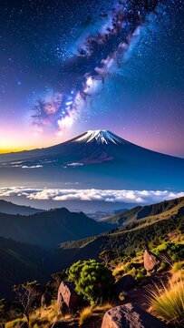 A majestic mountain peak, capped with snow, against a swirling galaxy backdrop, with foreground hills, plants, and rocks