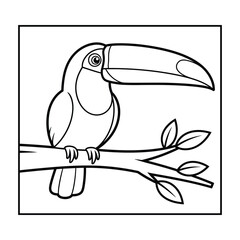 Naklejka premium A charming black and white illustration of a toucan perched on a tree branch with leaves