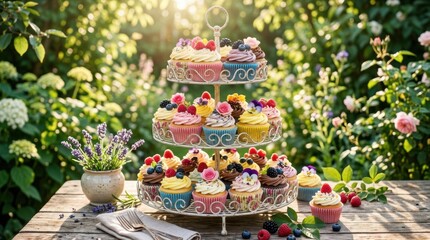Fototapeta premium Colorful frosted cupcakes on a three tiered stand in a sunlit garden A vase of lavender on a rustic wooden table