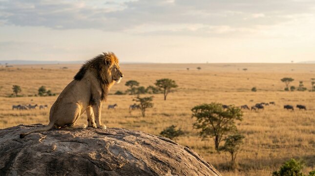 Majestic Male Lion Observes His Savanna Domain at Golden Hour