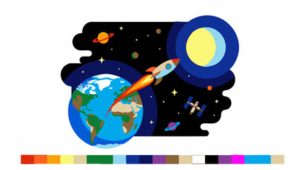 Cartoon rocket launching from Earth into outer space with planets and stars © Drawingbox