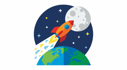 Rocket Launching from Earth to Moon in Space, Flat Design Illustration © Drawingbox