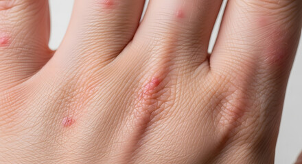 Fototapeta premium A close-up view of a hand with red itchy skin and small bumps