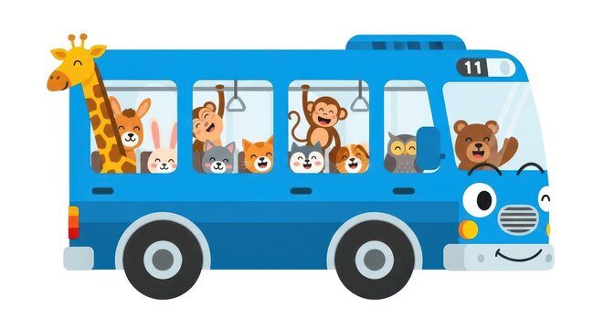Cheerful cartoon animals travel together happily inside a bright blue passenger vehicle