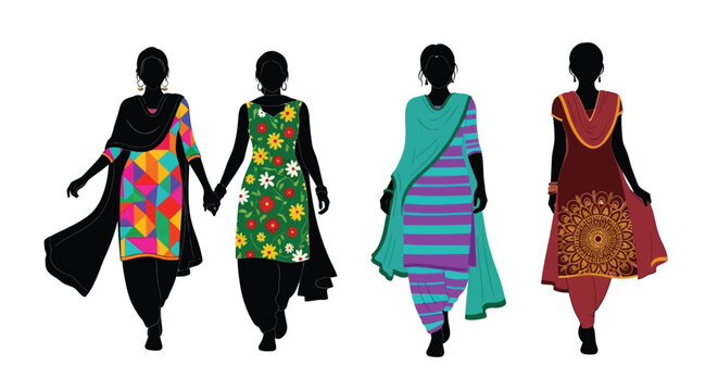 Four women walking in silhouette displaying vibrant traditional indian clothing