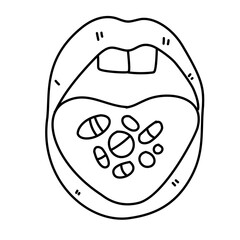 Obraz premium Open mouth with tongue holding many different medical pills and capsules