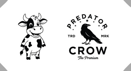 Obraz premium Vector illustration set with cute cartoon cow character and predator crow vintage logo badge design