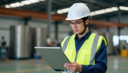 Fototapeta premium Industrial worker using tablet in manufacturing facility technology in action modern environment professional viewpoint