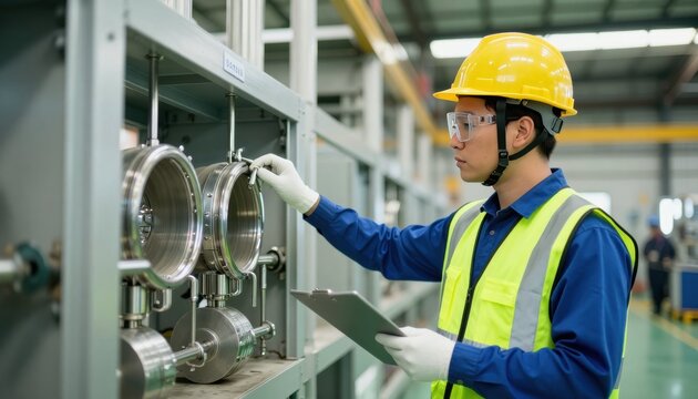 Industrial worker inspecting equipment factory photograph indoor side view quality control