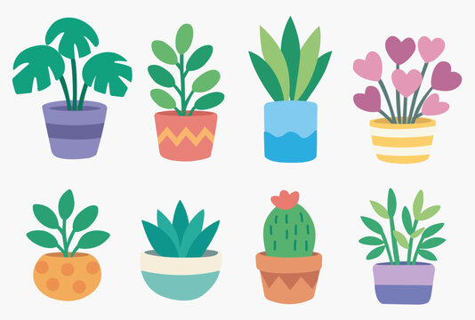 Conjunto de vasos de plantas coloridos e com formatos agrad&aacute;veis - Ilustra&ccedil;&atilde;o vetorial