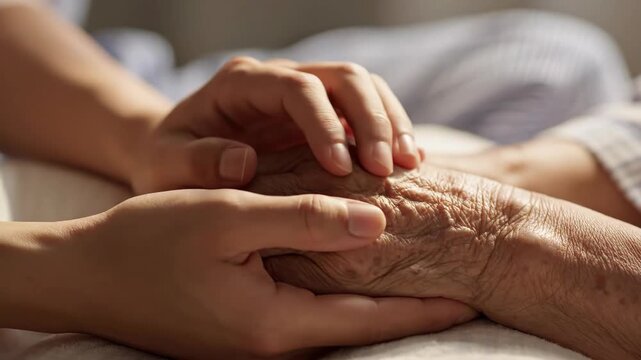 Close-up of a caring hand gently holding an elderly person's hand, symbolizing comfort and support