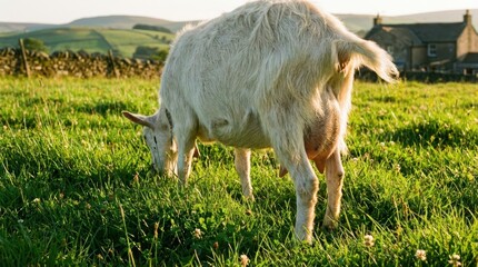 Obraz premium Adult white goat eating lush green grass in a sunlit field A dry stone wall and distant farmhouse are visible