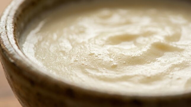 Creamy off white puree with small bubbles fills a textured rustic ceramic bowl