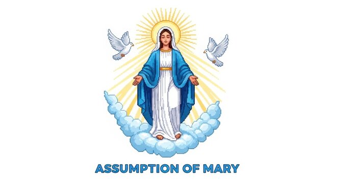 Assumption of Mary, Virgin Mary illustration, blue cloak, Christian iconography, religious symbol