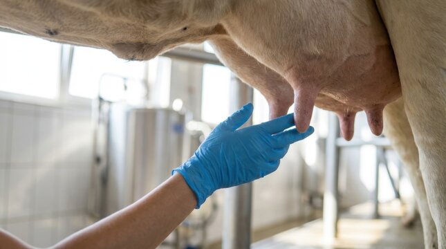 A gloved hand gently touches a dairy cow's udder with milk drops visible on the teats in a clean farm environment
