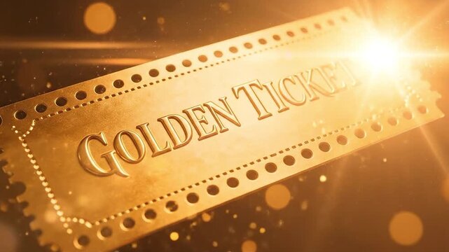 Shiny golden ticket with embossed text and perforated edge, suitable for lottery, prize, reward, vip access, promotion, and special event.
