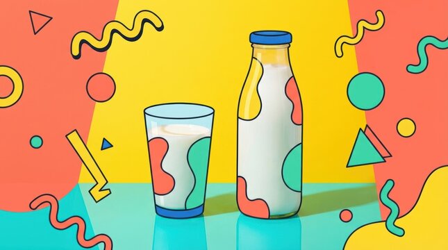 Vibrant cartoon illustration of a clear glass and a bottle filled with milk Bright abstract background features colorful