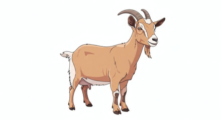 Fototapeta premium A charming brown farm goat with horns stands proudly on a white background, showcasing its rustic farm animal charm