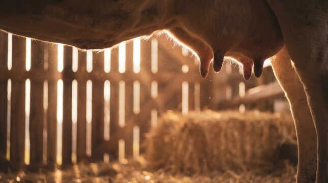 Warm sunlight illuminates a cow's udder and teats inside a rustic barn Dust particles glow in the light with hay bales