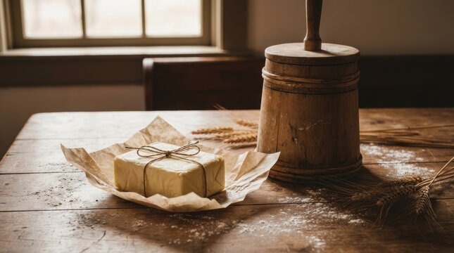 Fresh butter block wrapped in parchment paper on a rustic wooden table A vintage wooden butter churn wheat and flour