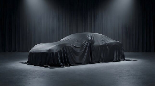 Covered car under black cloth in spotlight, vehicle reveal concept, mystery and anticipation, new model launch, automotive presentation, luxury branding and teaser marketing scene