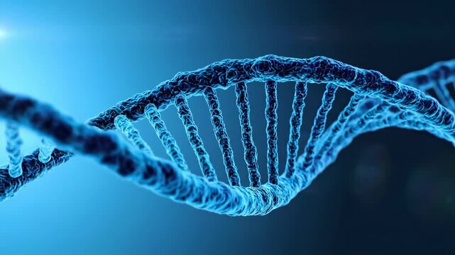 Detailed 3D rendering of the DNA double helix, a fundamental molecule of life, in a blue, glowing, abstract background