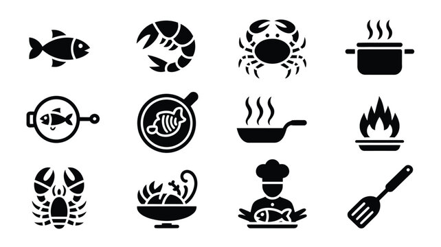 Collection of twelve minimalist black icons representing seafood and cooking including fish shrimp crab lobster chef frying pan pot spatula and flames perfect for culinary themes