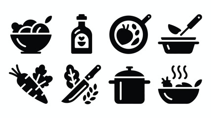 Collection of black silhouette icons representing ingredients and actions for healthy cooking and meal preparation including fresh vegetables a bottle of oil kitchen utensils
