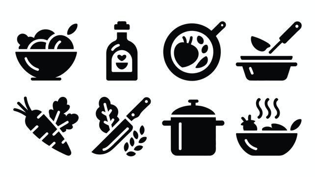 Collection of black silhouette icons representing ingredients and actions for healthy cooking and meal preparation including fresh vegetables a bottle of oil kitchen utensils