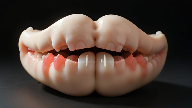 Denture teeth in pink gums.