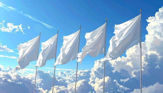 Five white flags wave gently in a bright, partly cloudy sky, symbols of surrender or peace. The scene is illuminated by natural light