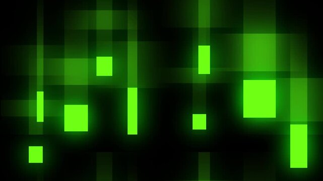 Abstract digital background with vertical green glowing rectangles on black. Glowing rectangles animation for futuristic and digital themes.