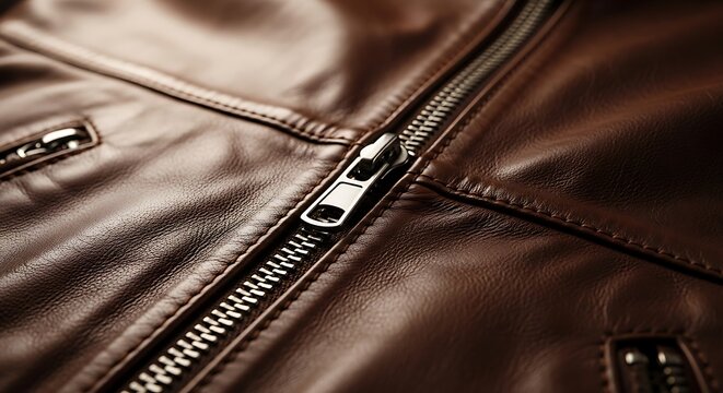 Brown leather jacket zipper closeup