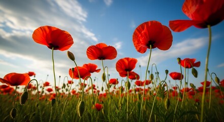 Fototapeta premium Vibrant red poppies in a field under a cloudy sky