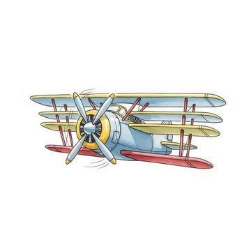 Cartoon watercolor illustration depicts a vintage aircraft with three sets of wings flying horizontally