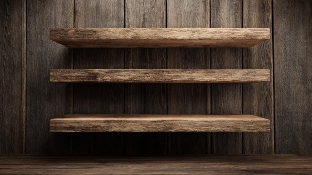 Rustic Wooden Shelves Against a Dark Wood Wall: Display Space for Product Mockups and Interior Design