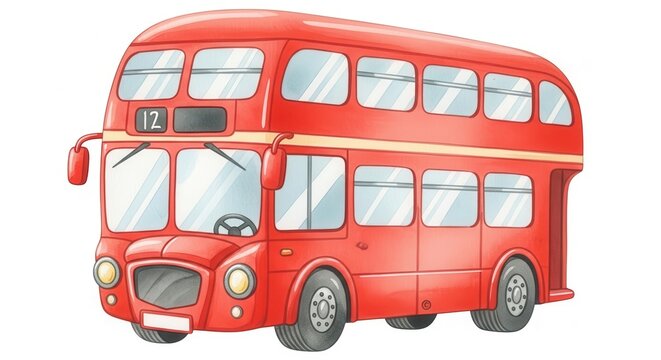 Brightly colored, classic double deck passenger vehicle illustrated on a white background