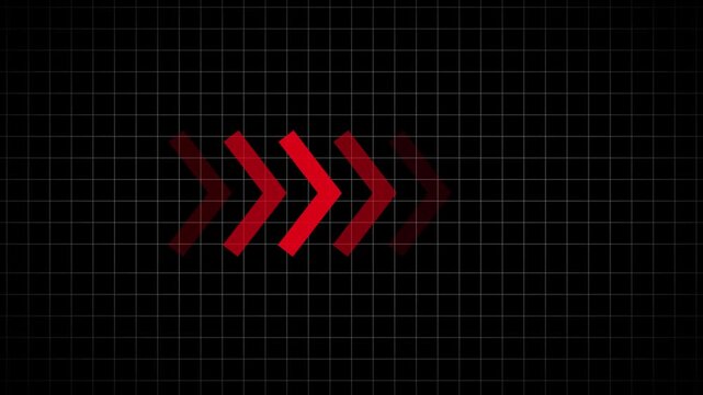 Single red chevron arrow on dark grid animated background. Red chevron animation for direction and navigation themes. Chevron arrow graphic for modern UI and digital interfaces.