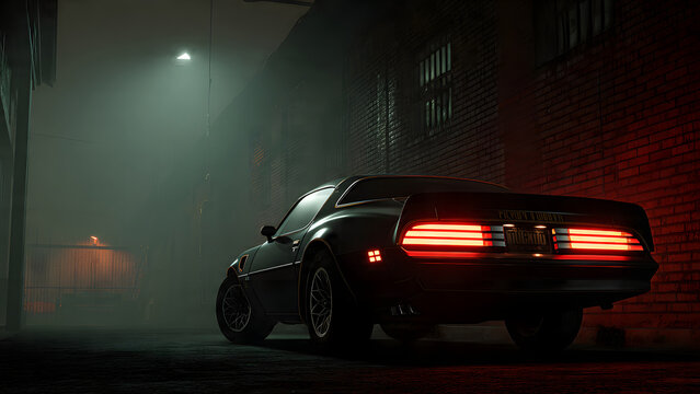 A vintage muscle car idles in a dimly lit urban alleyway at night, its taillights glowing red through the atmospheric fog, creating a mysterious and cinematic scene