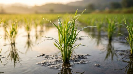 Fototapeta premium Vibrant green rice seedling covered in glistening dew drops reflecting in a flooded paddy field at dawn