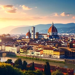 Obraz premium A scenic vista of a vibrant city, featuring iconic domes and buildings beside a flowing river, under a colorful sky