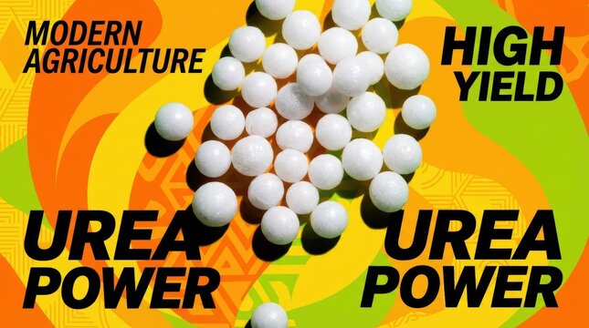 Urea fertilizer granules on vibrant abstract background with MODERN AGRICULTURE HIGH YIELD and UREA POWER slogans