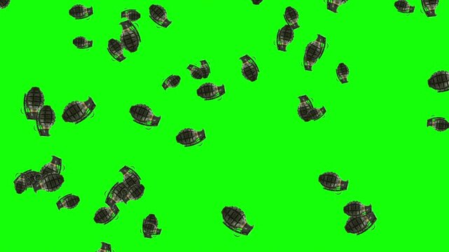 Explosive Grenades Falling on Green Screen Background