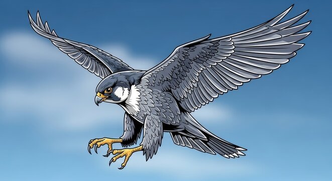 Raptor predator bird with widespread wings descends through a bright blue sky