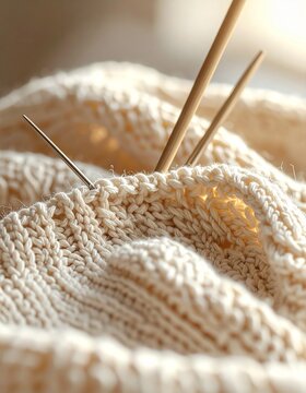 Unfertiger gestrickter Pullover mit Nadeln