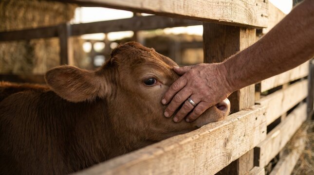 Farmer showing care and bonding with a young brown calf, gently petting its head through a wooden fence enclosure at a dairy farm, symbolizing animal welfare and livestock management