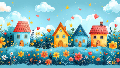 Obraz premium An enchanting watercolor illustration showcasing a whimsical village of pastel-colored homes surrounded by a cheerful garden of wildflowers and sparkling stars, creating a magical landscape