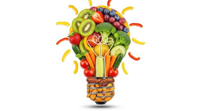 Light bulb concept made of fresh fruits and vegetables for healthy eating and nutrition innovation isolated on White Background