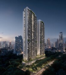 Fototapeta premium Modern High-Rise Residential Buildings in Urban Landscape at Dusk Showcasing Contemporary Architecture and Cityscape