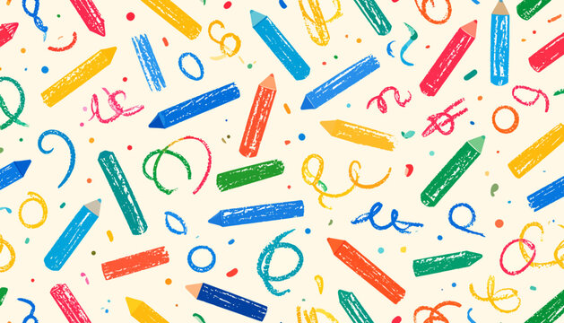 Vibrant hand-drawn crayon pattern with colorful scribbles and playful confetti, creating a cheerful artistic background for children's designs and creative projects